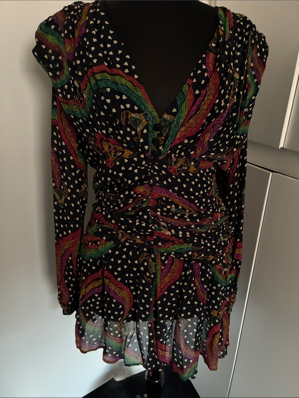 Farm Rio NWT Rainbow Oxen Mini Dress V-Neck Long Sleeve/ padded shoulder Medium
